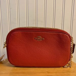NWT Coach red leather crossbody, gold chain strap